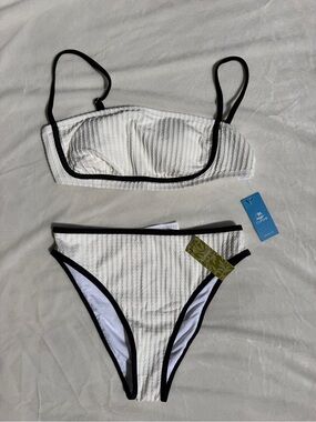 NWT CUPSHE x Jojo Coastal Rib Piping Medium High Waist Bikini Set